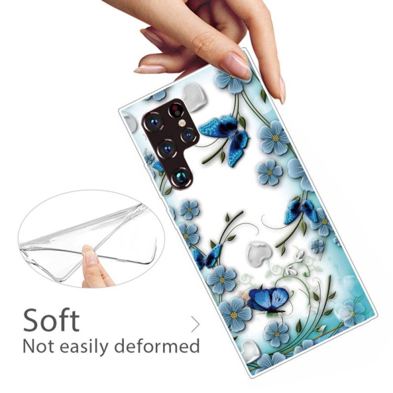Skal För Samsung Galaxy S22 Ultra 5G Retro Fjärilar Och Blommor