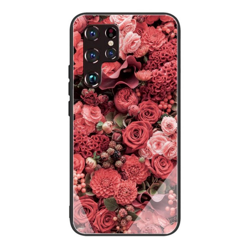 Skal För Samsung Galaxy S22 Ultra 5G Rosa Blommor I Härdat Glas