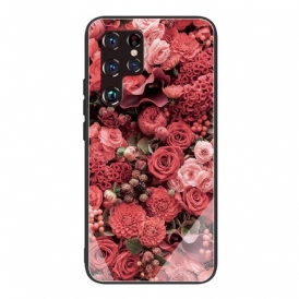Skal För Samsung Galaxy S22 Ultra 5G Rosa Blommor I Härdat Glas