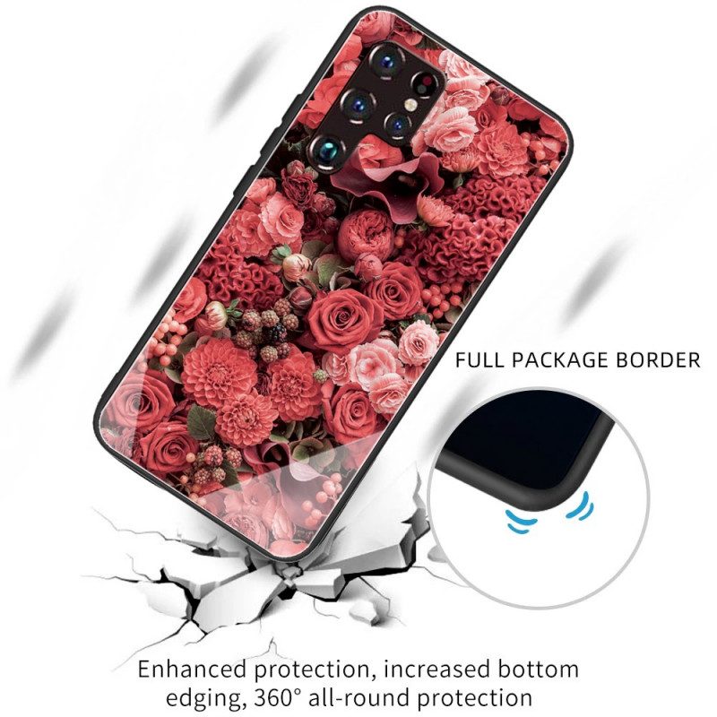 Skal För Samsung Galaxy S22 Ultra 5G Rosa Blommor I Härdat Glas