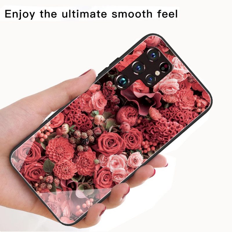Skal För Samsung Galaxy S22 Ultra 5G Rosa Blommor I Härdat Glas
