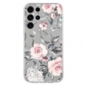Skal För Samsung Galaxy S25 Ultra 5g Blommönster På Grå Bakgrund