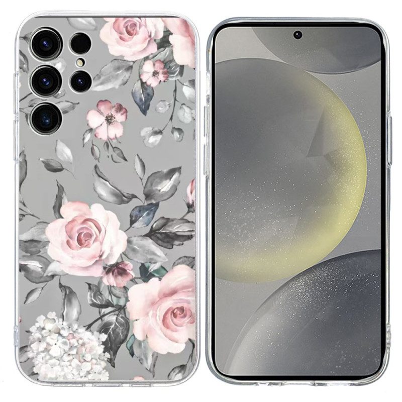 Skal För Samsung Galaxy S25 Ultra 5g Blommönster På Grå Bakgrund