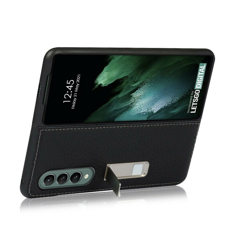 Skal För Samsung Galaxy Z Fold 3 5G Genuint Litchi Läder Hands Free Support