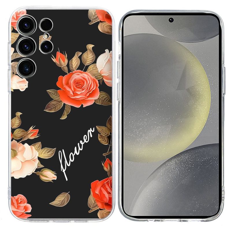 Skal Samsung Galaxy S25 Ultra 5g Blommönster På Svart Bakgrund