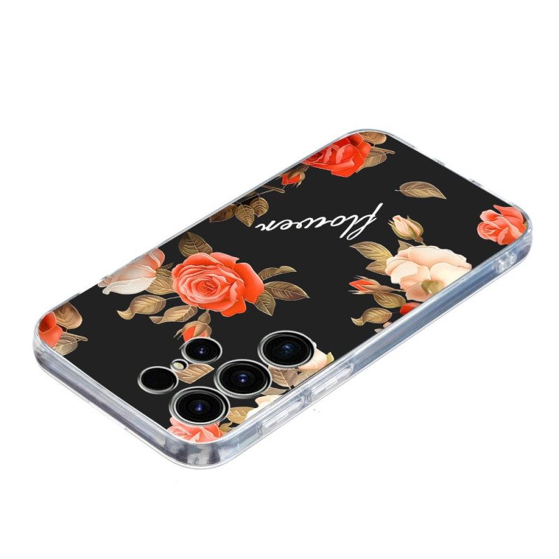 Skal Samsung Galaxy S25 Ultra 5g Blommönster På Svart Bakgrund