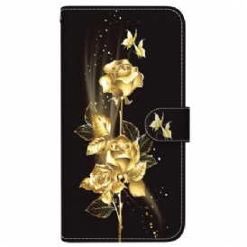 Skyddsfodral Samsung Galaxy S24 Fe Guld Och Rosa Fjärilar Med Rem