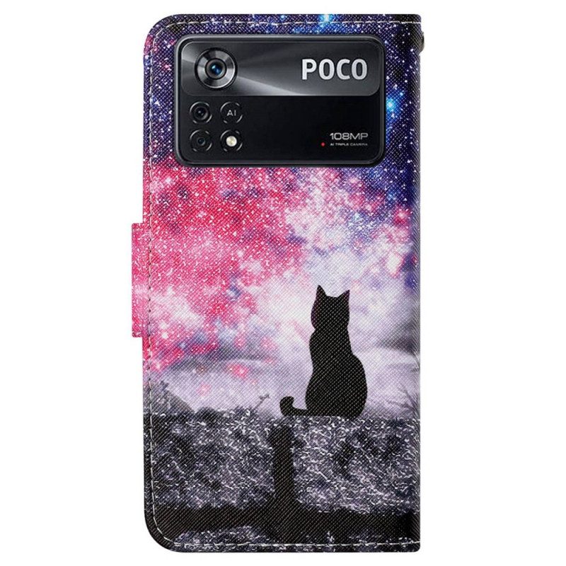 Fodral För Poco X4 Pro 5G Med Kedjar Katt I Natten Med Rem