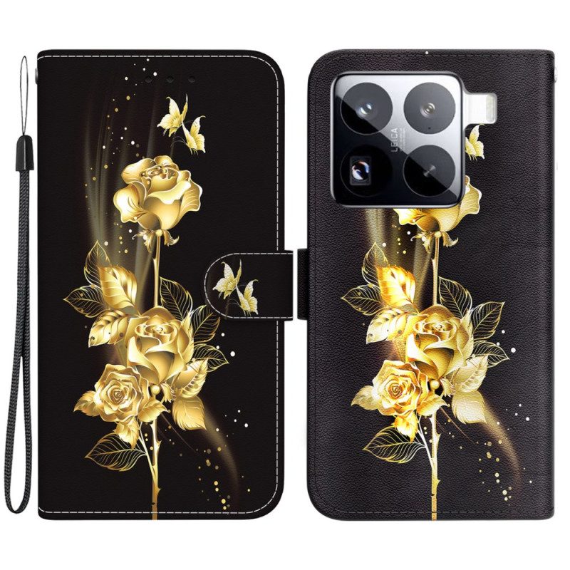 Fodral För Xiaomi 15 Pro Guldfärgade Fjärilar Och Rosa