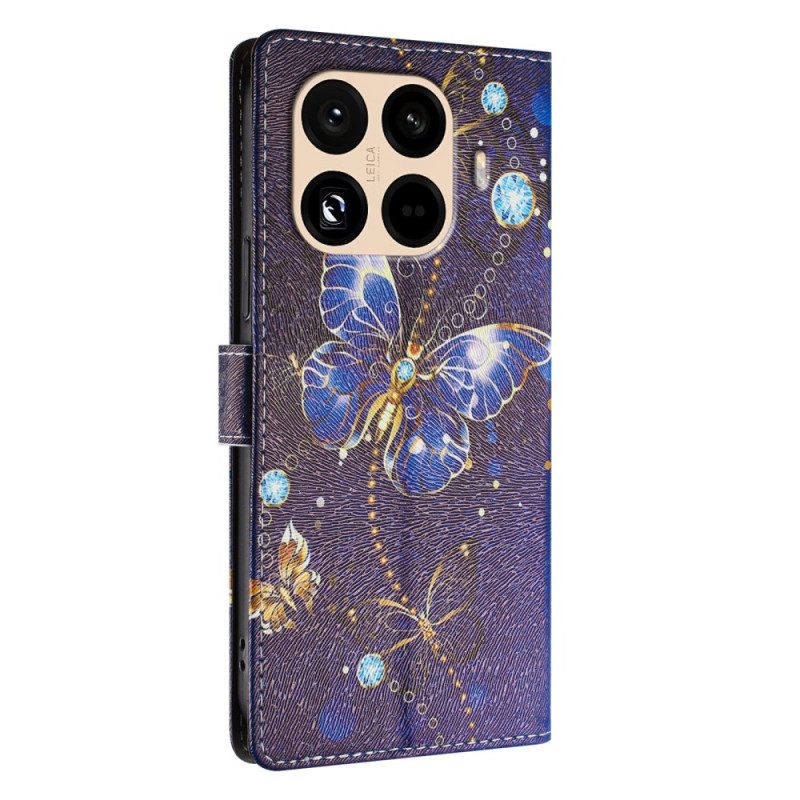 Fodral För Xiaomi 15t Pro Guldfärgade Och Blå Fjärilar