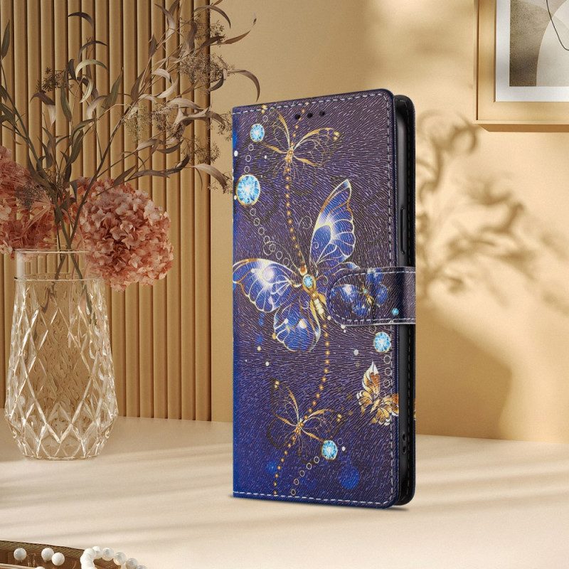 Fodral För Xiaomi 15t Pro Guldfärgade Och Blå Fjärilar