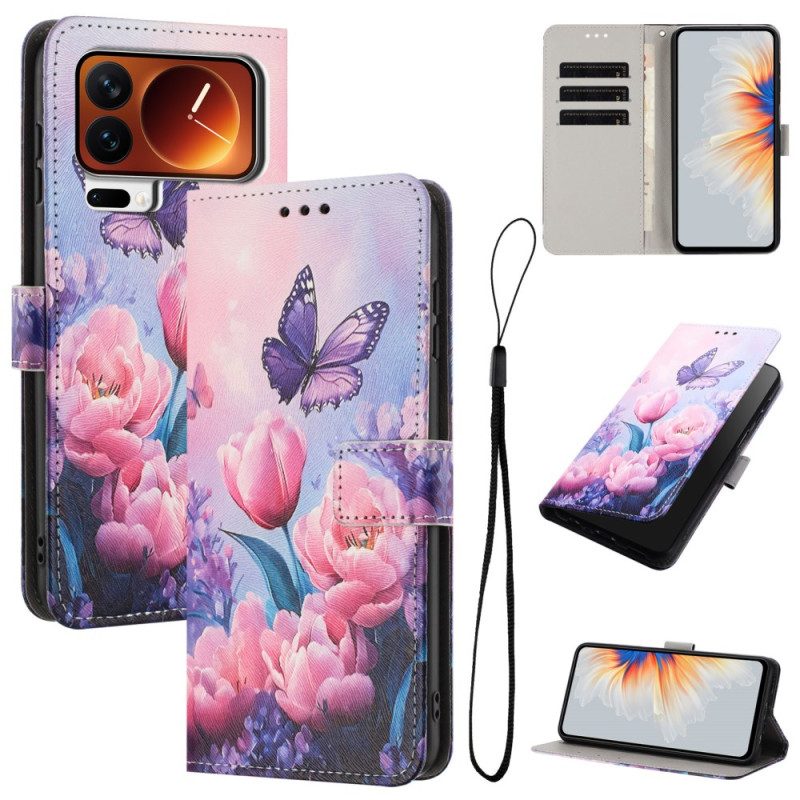 Fodral För Xiaomi 17 Pro Max Fjäril Och Rosa Blommor