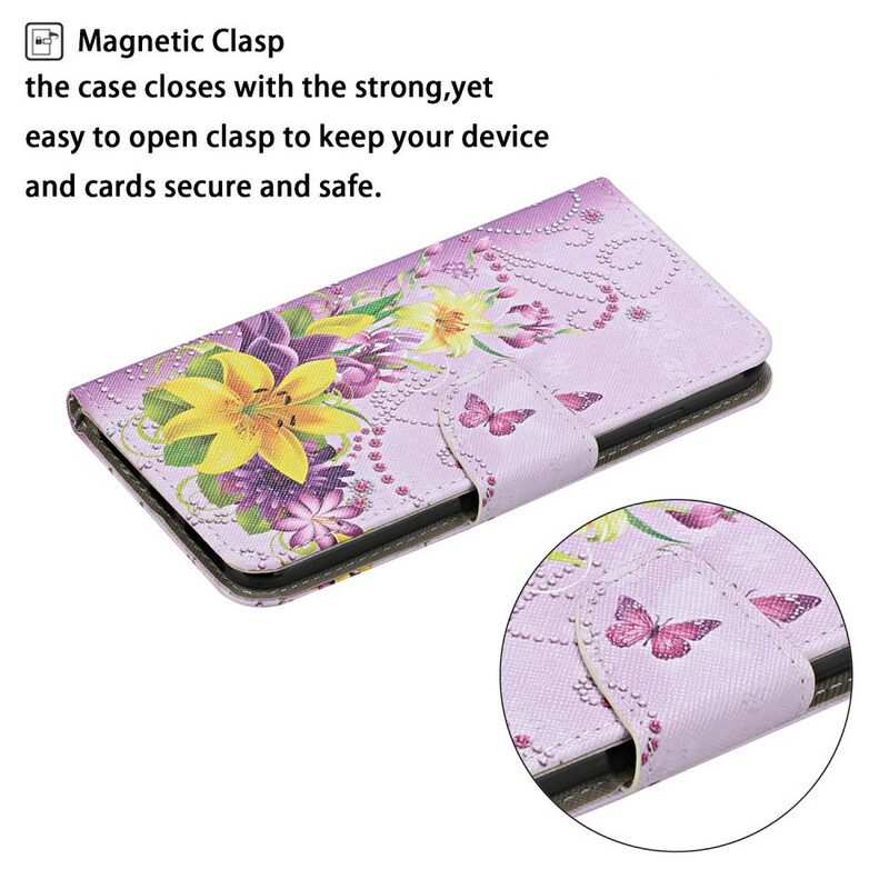 Fodral För Xiaomi Redmi 9C Med Kedjar Fjärilar Och Södra Blommor Strappy