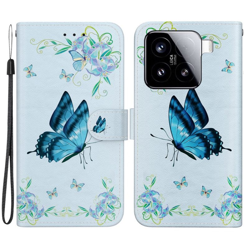 Fodral Xiaomi 15 Blå Fjärilar Och Blommor