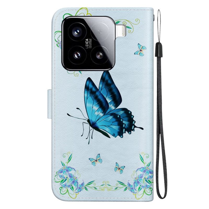 Fodral Xiaomi 15 Blå Fjärilar Och Blommor
