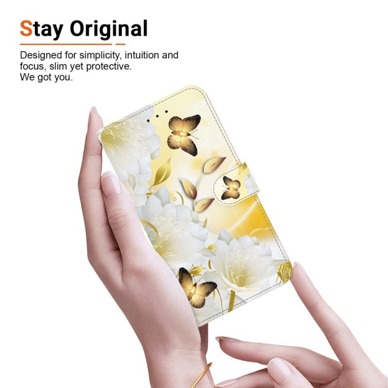 Fodral Xiaomi 15 Guldfärgade Fjärilar Och Vita Blommor