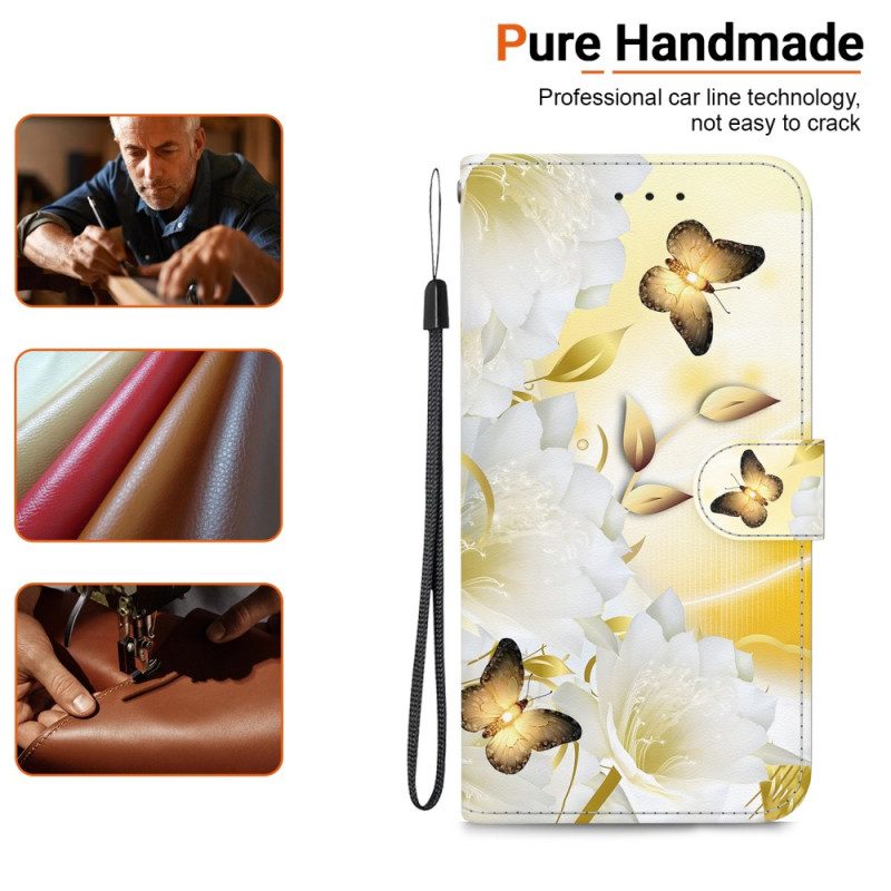 Fodral Xiaomi 15 Guldfärgade Fjärilar Och Vita Blommor