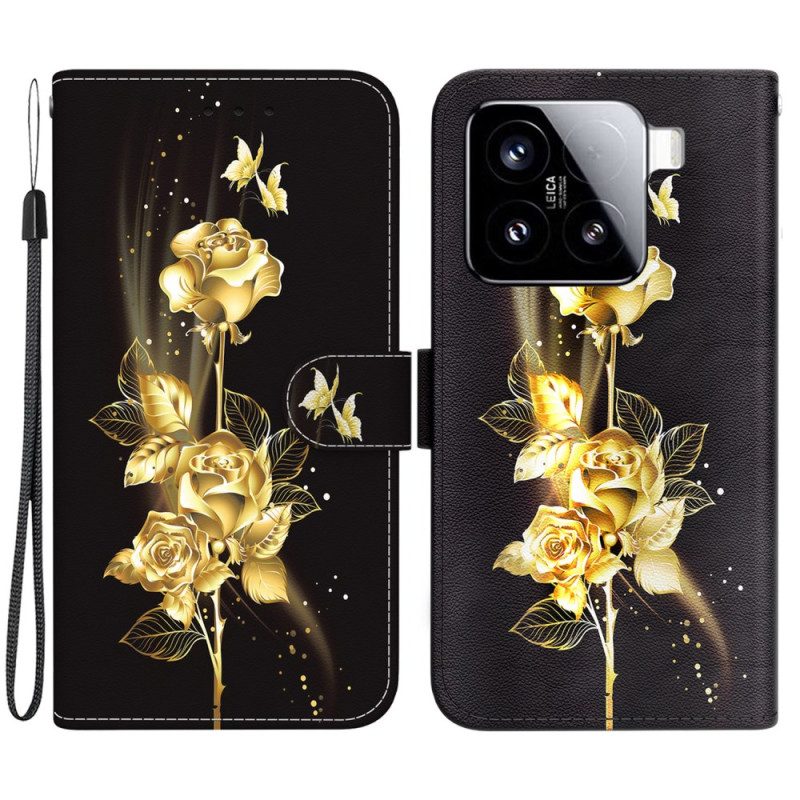 Fodral Xiaomi 15 Guldfärgade Och Rosa Fjärilar