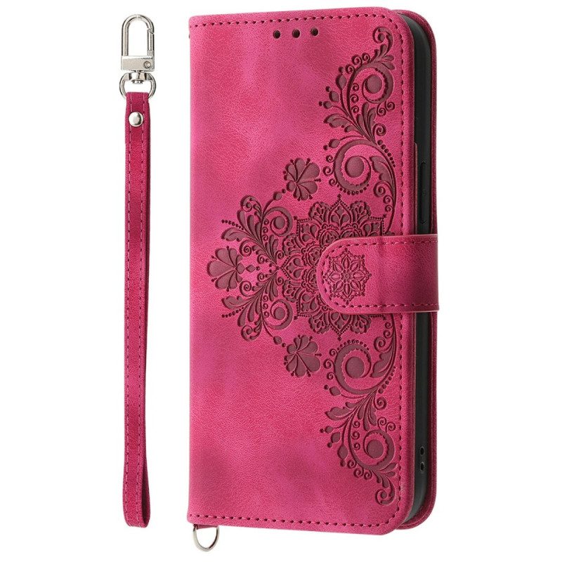 Fodral Xiaomi 15 Pro Blommönster Med Mockaeffekt Rem Och Axelrem