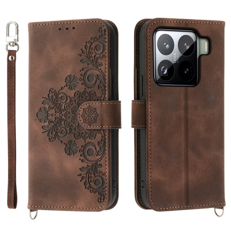 Fodral Xiaomi 15 Pro Blommönster Med Mockaeffekt Rem Och Axelrem