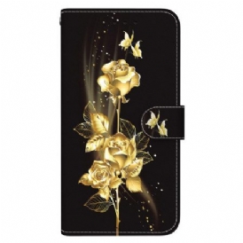 Fodral Xiaomi Redmi Note 14 5g Guldfärgade Fjärilar Och Ros