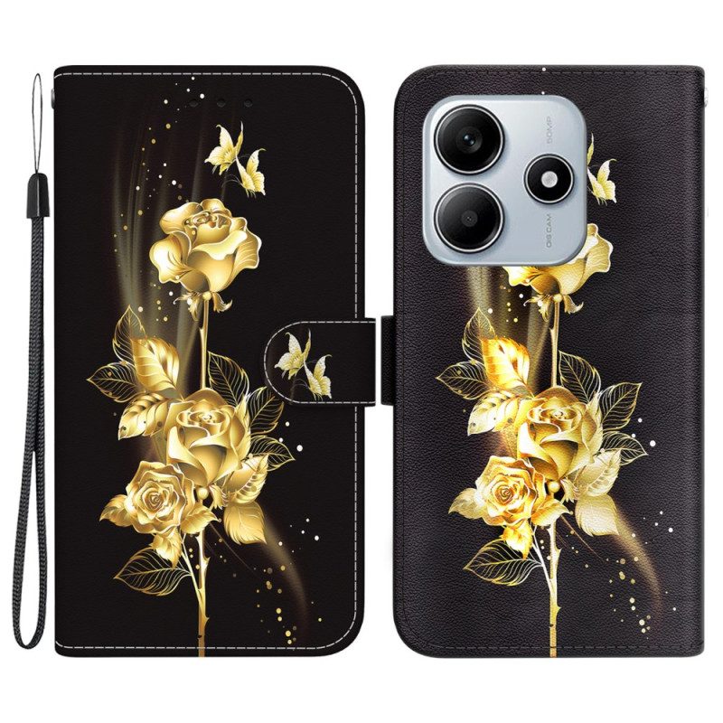Fodral Xiaomi Redmi Note 14 5g Guldfärgade Fjärilar Och Ros
