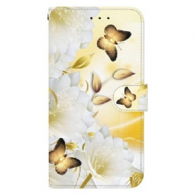 Fodral Xiaomi Redmi Note 14 5g Guldfärgade Fjärilar Och Vita Blommor