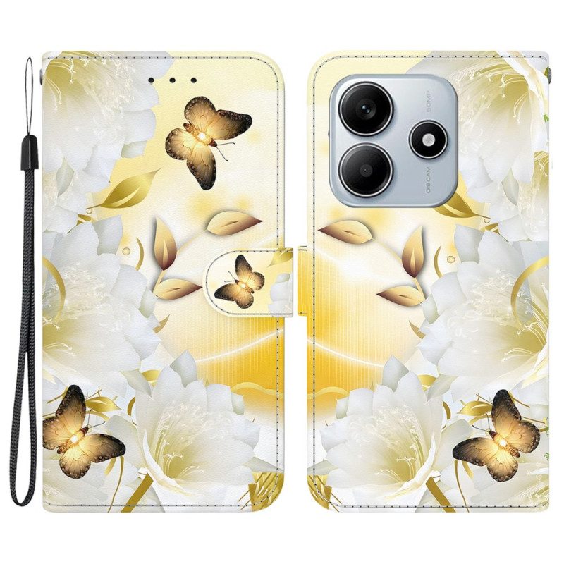 Fodral Xiaomi Redmi Note 14 5g Guldfärgade Fjärilar Och Vita Blommor