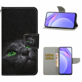 Folio-fodral För Xiaomi Mi 10T Lite / Redmi Note 9 Pro 5G Grönögd Katt Med Snodd