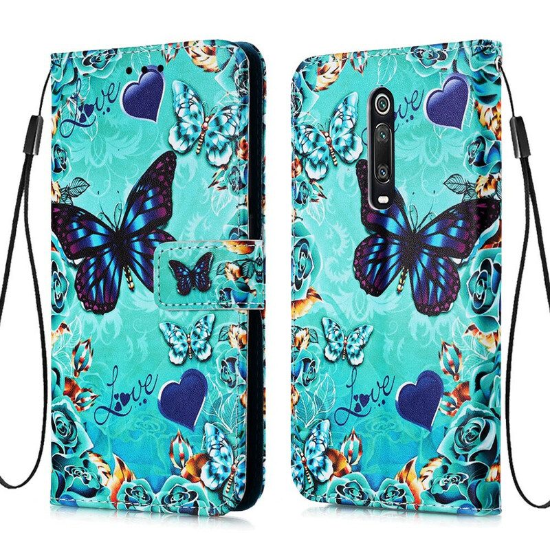 Folio-fodral För Xiaomi Mi 9T / Mi 9T Pro Med Kedjar Älskar Fjärilar Strappy