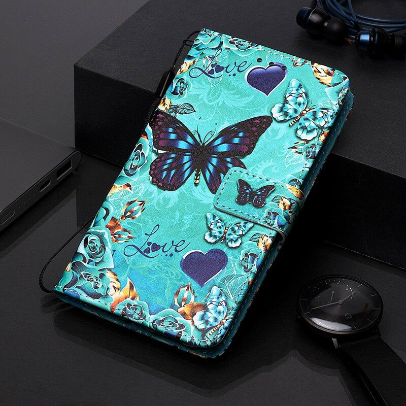 Folio-fodral För Xiaomi Mi 9T / Mi 9T Pro Med Kedjar Älskar Fjärilar Strappy