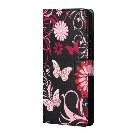 Folio-fodral För Xiaomi Redmi 10 Med Kedjar Thongfjärilar Och Blommor