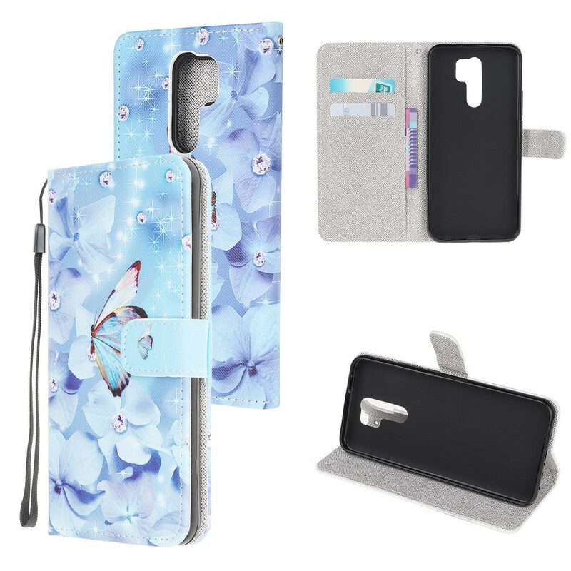 Folio-fodral För Xiaomi Redmi 9 Med Kedjar Fjärilar Med Diamantband