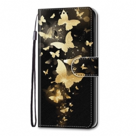 Folio-fodral För Xiaomi Redmi Note 11 Pro Plus 5G Med Kedjar Guldfjärilar Med Rem