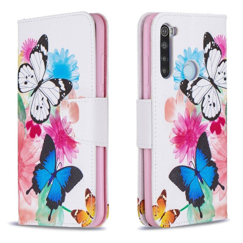 Folio-fodral För Xiaomi Redmi Note 8 Målade Fjärilar Och Blommor