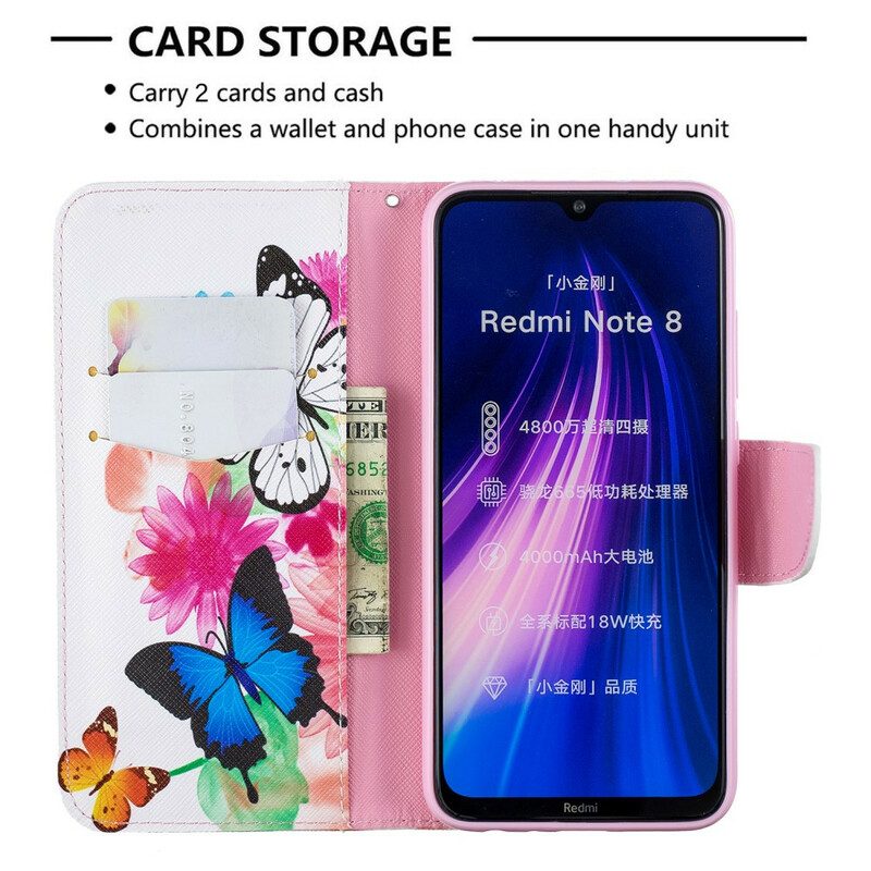 Folio-fodral För Xiaomi Redmi Note 8 Målade Fjärilar Och Blommor