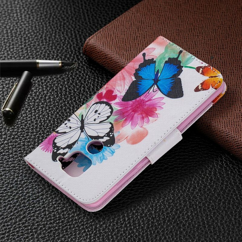Folio-fodral För Xiaomi Redmi Note 9 Målade Fjärilar Och Blommor