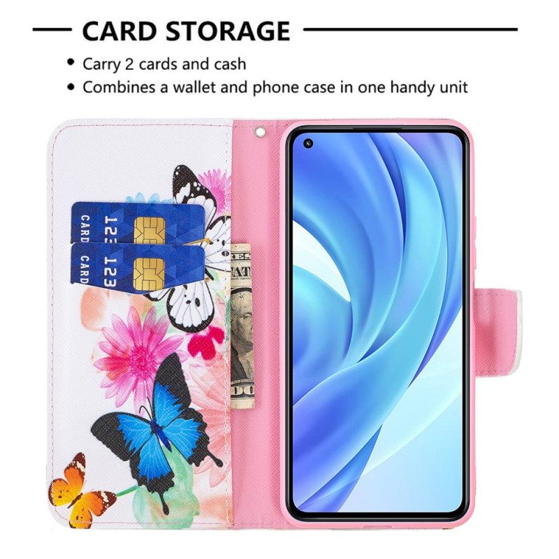 Läderfodral För Xiaomi Mi 11 Lite 5G NE / Mi 11 Lite 4G / 5G Målade Fjärilar Och Blommor