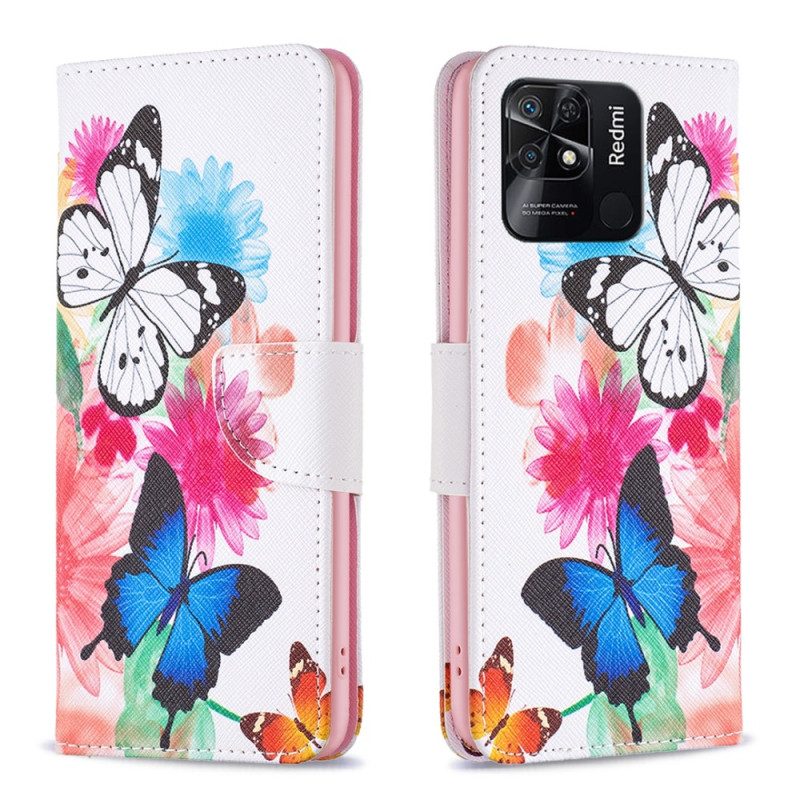 Läderfodral För Xiaomi Redmi 10C Akvarellfjärilar