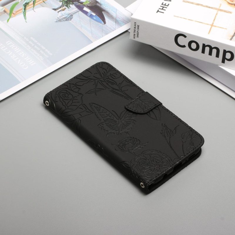 Läderfodral För Xiaomi Redmi 10C Fjärilar Och Axelrem