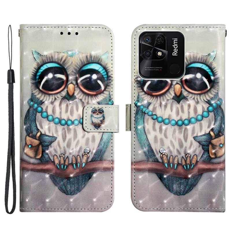 Läderfodral För Xiaomi Redmi 10C Med Kedjar Fröken Strappy Owl