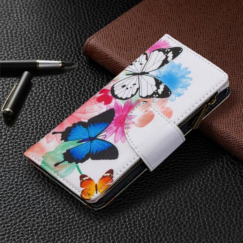 Läderfodral För Xiaomi Redmi 9 Ficka Med Dragkedja För Fjärilar