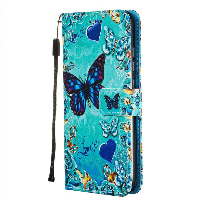 Läderfodral För Xiaomi Redmi Note 8 Med Kedjar Älskar Fjärilar Strappy