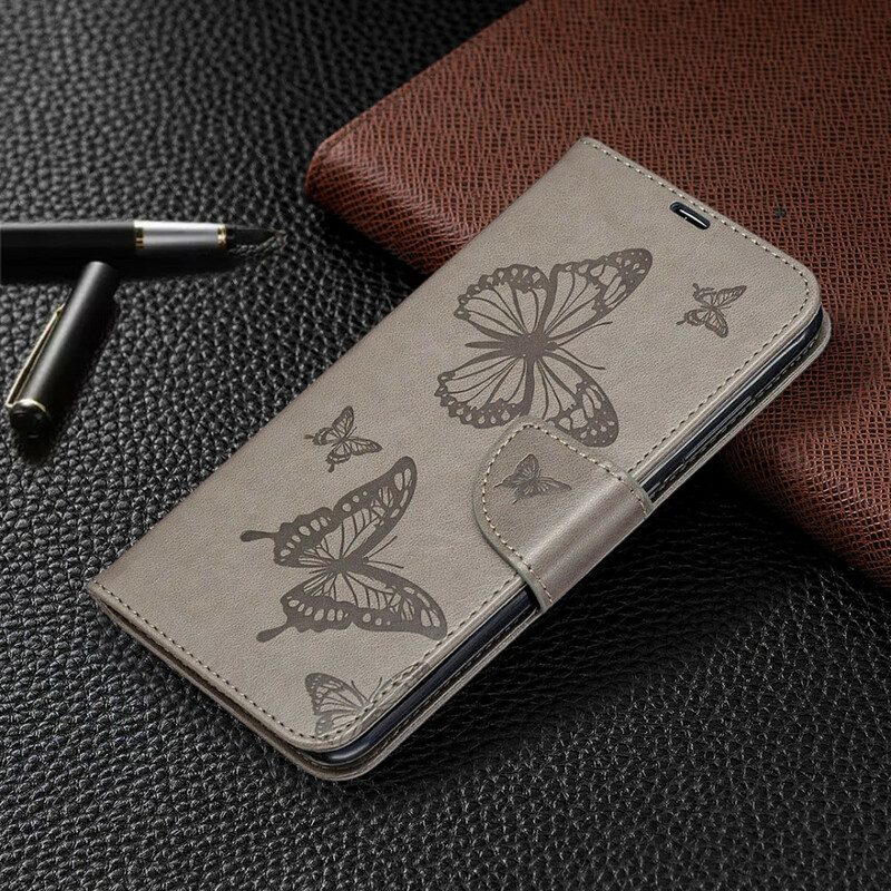 Läderfodral För Xiaomi Redmi Note 9 Folio-fodral Fjärilar Och Sned Klaff