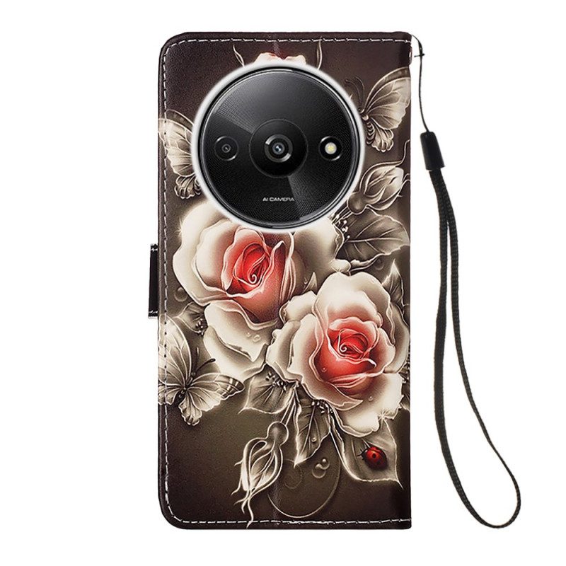 Läderfodral Poco C61 Telefonfodral Bukett Rosor Med Rem