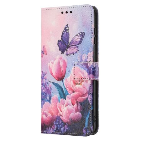 Läderfodral Poco C71 Telefonfodral Fjärilar Och Rosa Blommor