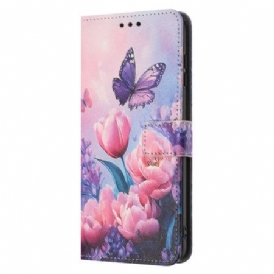 Läderfodral Poco C71 Telefonfodral Fjärilar Och Rosa Blommor