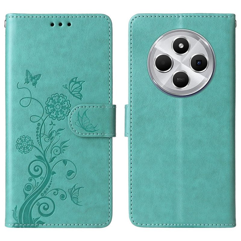 Läderfodral Poco C75 Telefonfodral Blommor Och Fjärilar Med Snodd