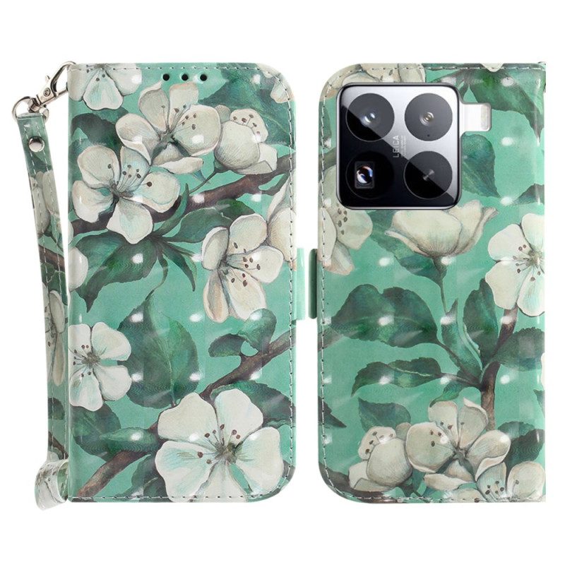Läderfodral Xiaomi 15 Pro Telefonfodral Vita Blommorrem