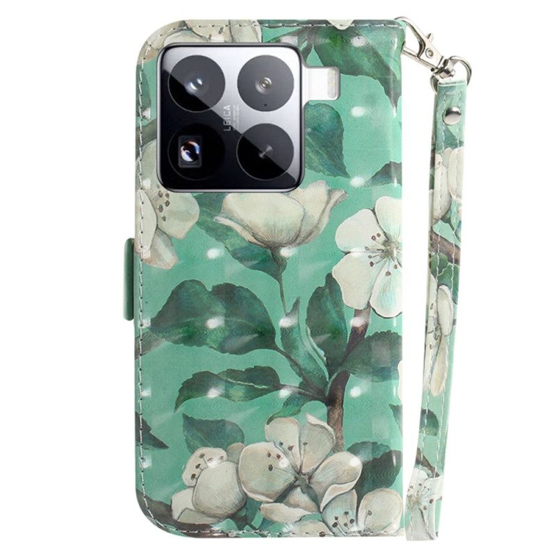 Läderfodral Xiaomi 15 Pro Telefonfodral Vita Blommorrem